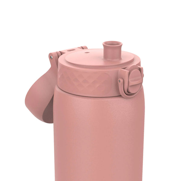 A pink water bottle features a flip-top lid with a spout and textured grip band displayed against a plain white background.