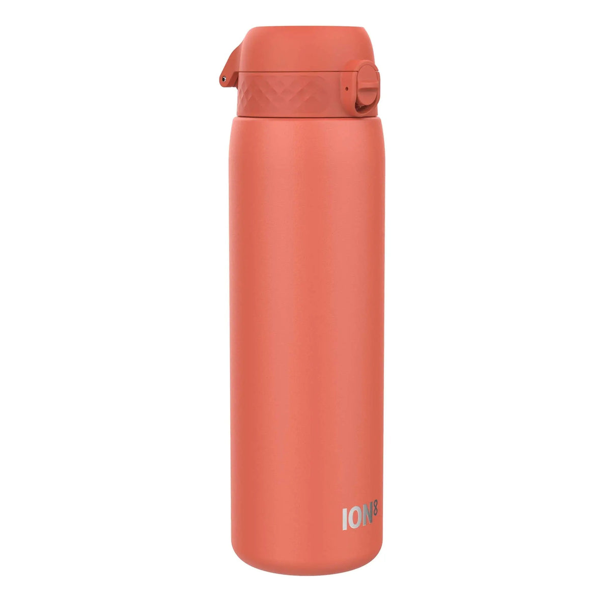 A coral-colored insulated water bottle with a secure flip-top lid stands upright against a white background ION8 logo appears at the lower front