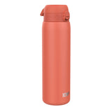 A coral-colored insulated water bottle with a secure flip-top lid stands upright against a white background ION8 logo appears at the lower front