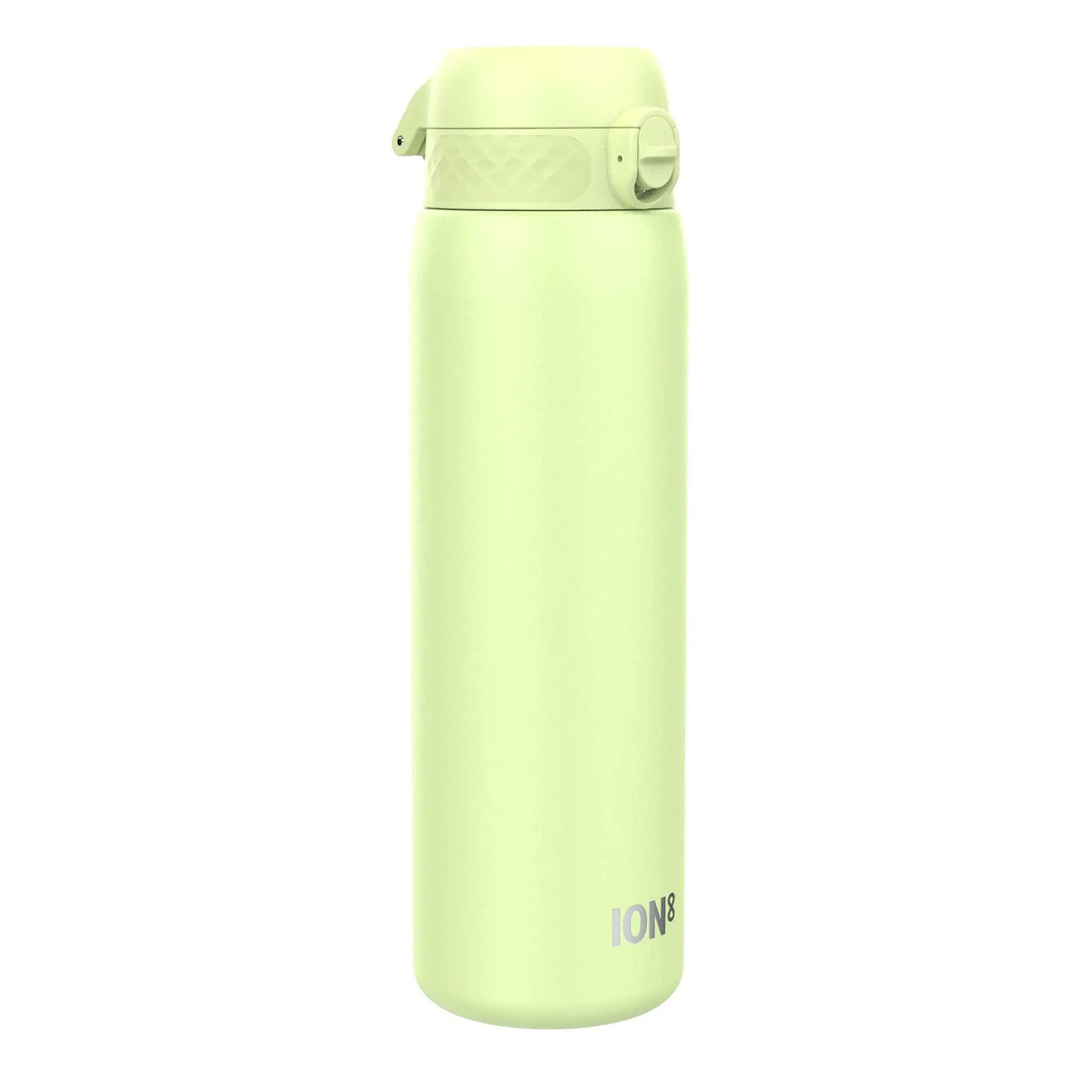 A light green water bottle stands upright with a secure flip-top lid in a plain white background. Text on the surface reads ION8.