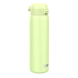 A light green water bottle stands upright with a secure flip-top lid in a plain white background. Text on the surface reads ION8.