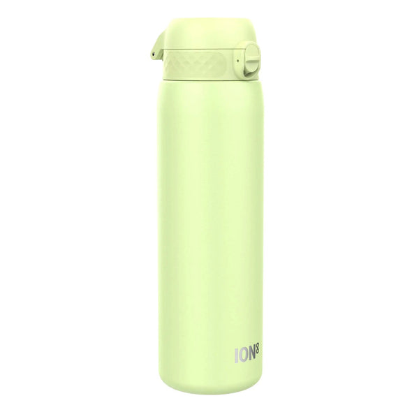 A light green water bottle stands upright with a secure flip-top lid in a plain white background. Text on the surface reads ION8.