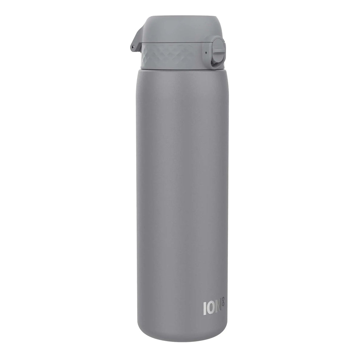A gray water bottle stands upright with a secure flip-top lid bearing the text ION8 on a plain white background.