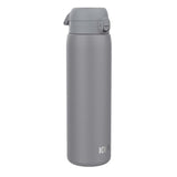A gray water bottle stands upright with a secure flip-top lid bearing the text ION8 on a plain white background.
