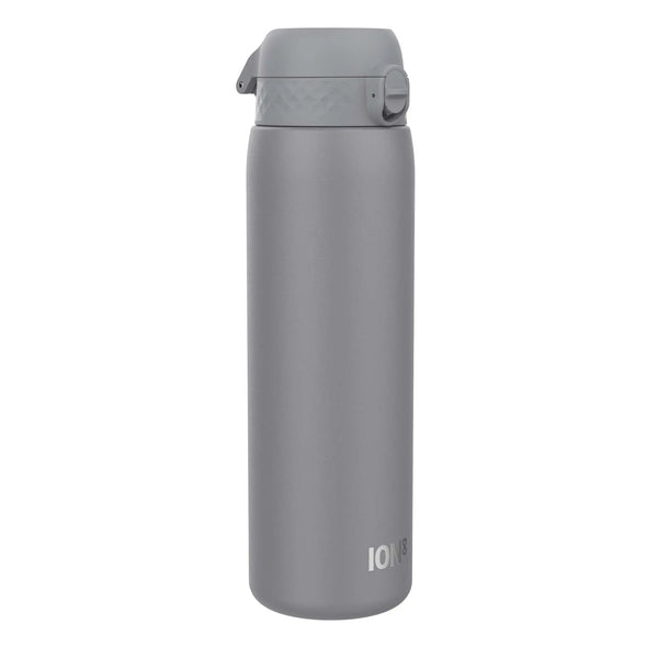 A gray water bottle stands upright with a secure flip-top lid bearing the text ION8 on a plain white background.