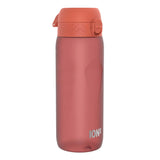 A red reusable water bottle stands upright against a white background featuring a flip-top lid and the text 