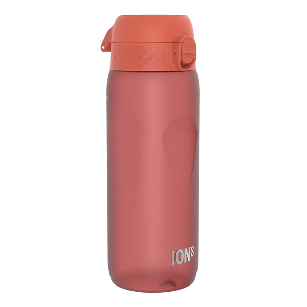 A red reusable water bottle stands upright against a white background featuring a flip-top lid and the text "ION8" at the bottom right corner.