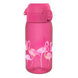 A pink water bottle features flamingo illustrations along its side in a simple white background setting