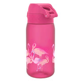 A pink water bottle features a flip-top lid and illustrations of pink flamingos standing in various poses. It is set against a plain white background.