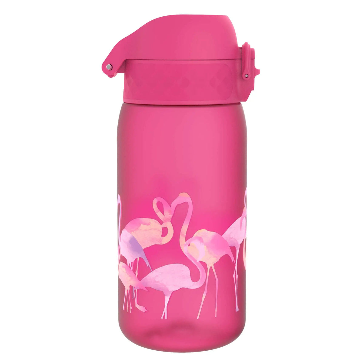 Pink water bottle featuring painted flamingos standing together in various poses against a plain background