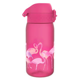 Pink water bottle featuring painted flamingos standing together in various poses against a plain background