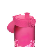 A pink water bottle featuring a spout lid with a flip-up handle surrounded by a pink flamingo design on the bottle body set against a plain white background.