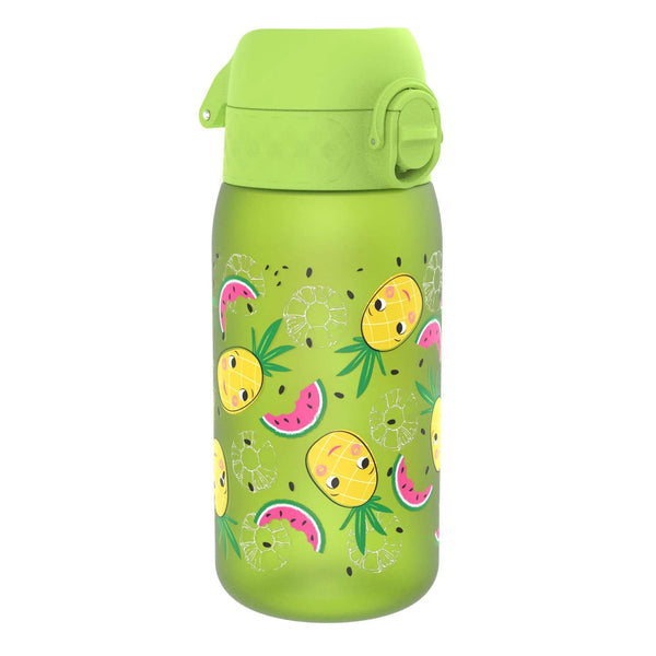A green plastic water bottle featuring a flip-top lid is decorated with colorful cartoon pineapples and watermelon slices against a white background.