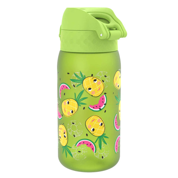 A green water bottle adorned with cartoon pineapples and watermelon slices against a white background