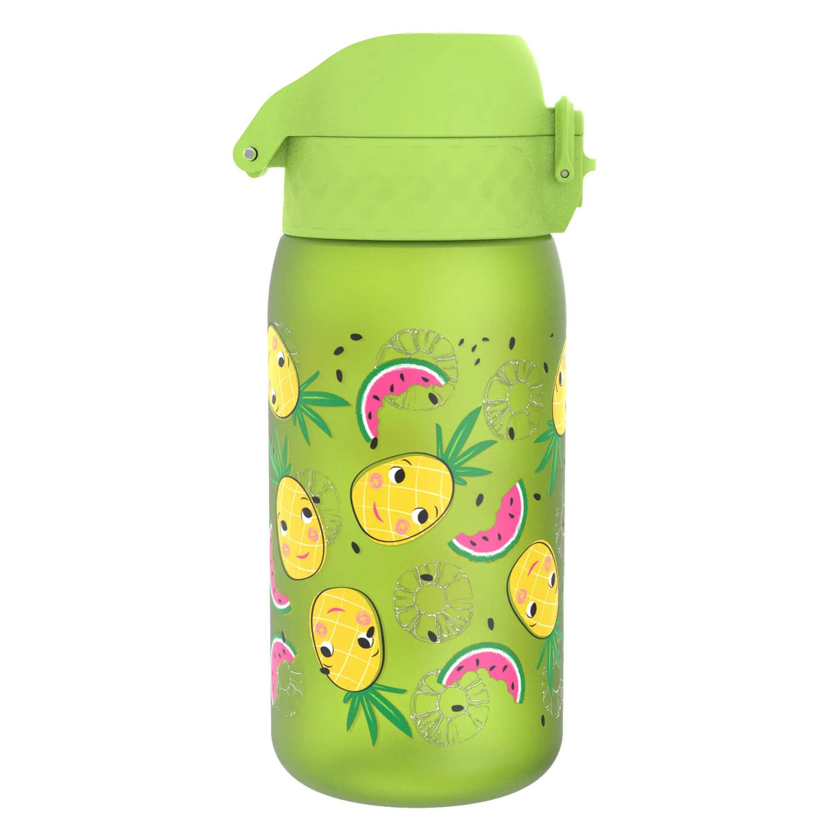 A green water bottle featuring playful pineapple, watermelon, and kiwi illustrations scattered across its surface set against a plain white background.
