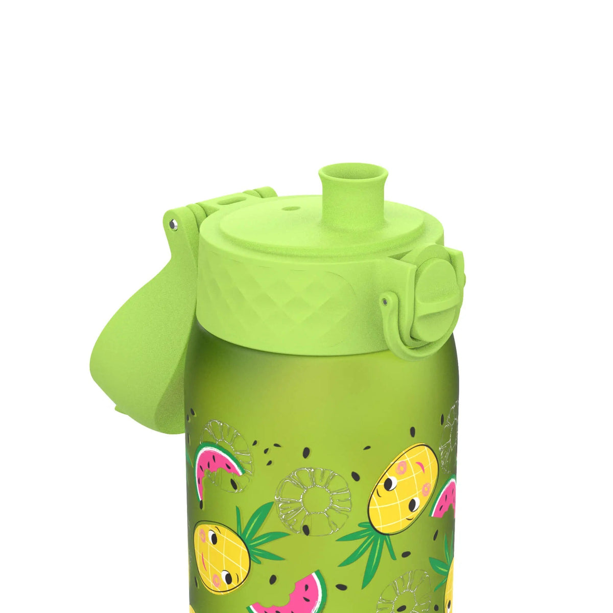 A green water bottle features cute fruit illustrations, including pineapples, watermelons, and kiwis, with a flip-top lid and a carrying strap set against a plain white background.