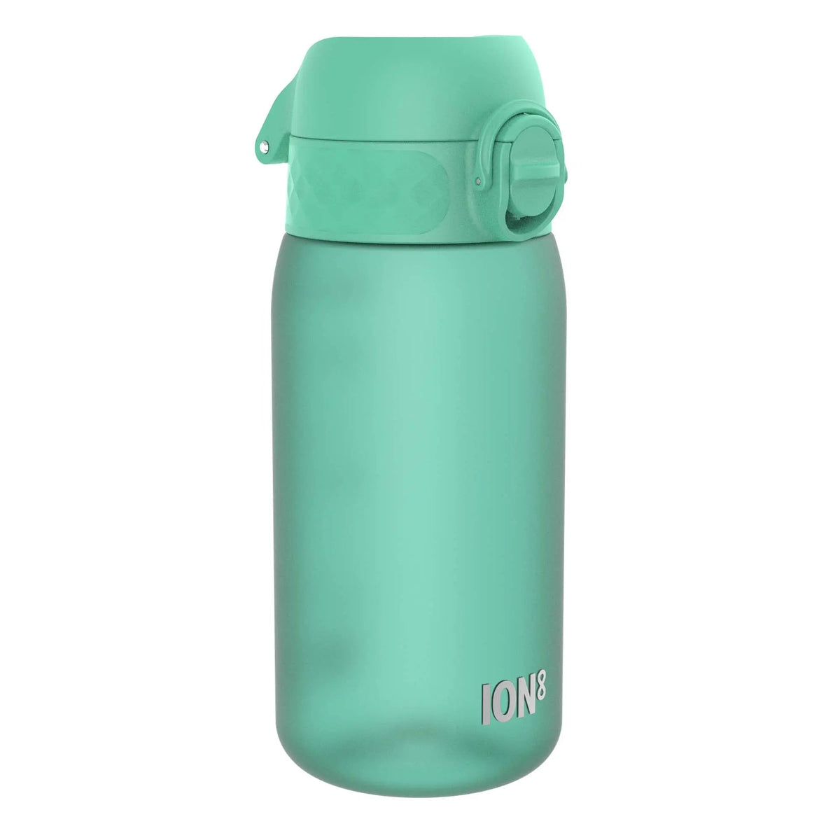 Green reusable water bottle upright featuring a secure lid with a latch on a plain white background Text reads ION8
