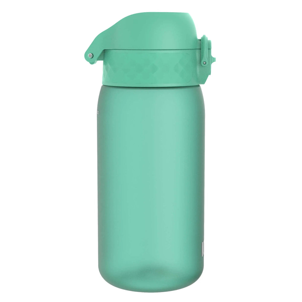 A teal water bottle with a flip-top cap stands upright against a plain white background.