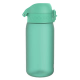 A teal water bottle with a flip-top cap stands upright against a plain white background.