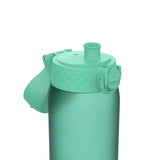 A green water bottle with a flip-top lid and spout sits against a plain white background displaying its textured lid design.