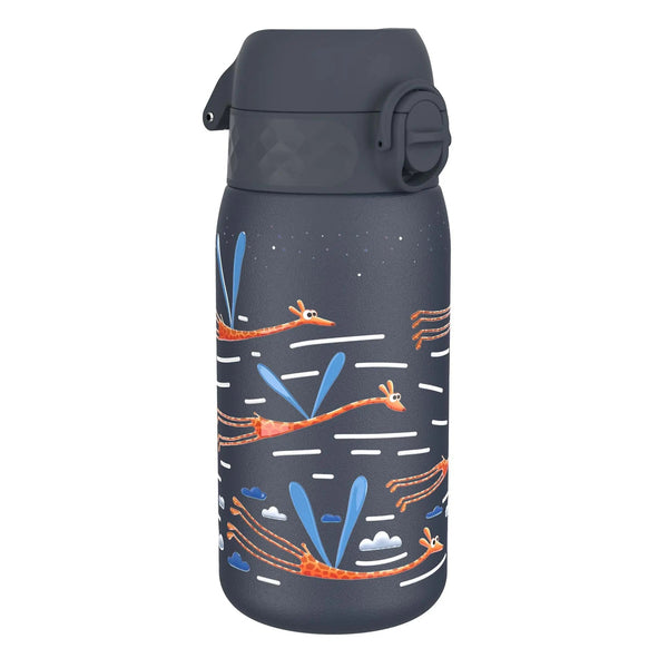 A dark-colored water bottle features cartoon orange giraffes with blue wings flying against a sky backdrop with clouds and stars.