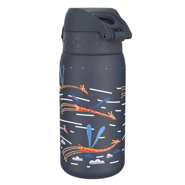 A dark water bottle features whimsical giraffes with dragonfly wings flying against a night sky, surrounded by white lines and small clouds for a playful design.