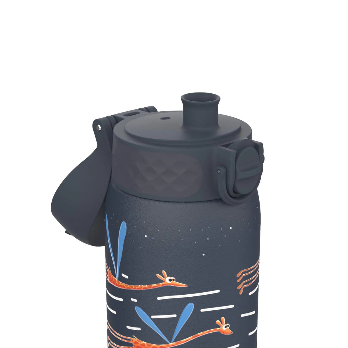 A dark water bottle with a flip-top lid features illustrations of whimsical giraffes with blue wings against a starry background