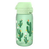 A mint-green water bottle features cactus illustrations with red and yellow buds and white flowers covering its surface in a plain white background.