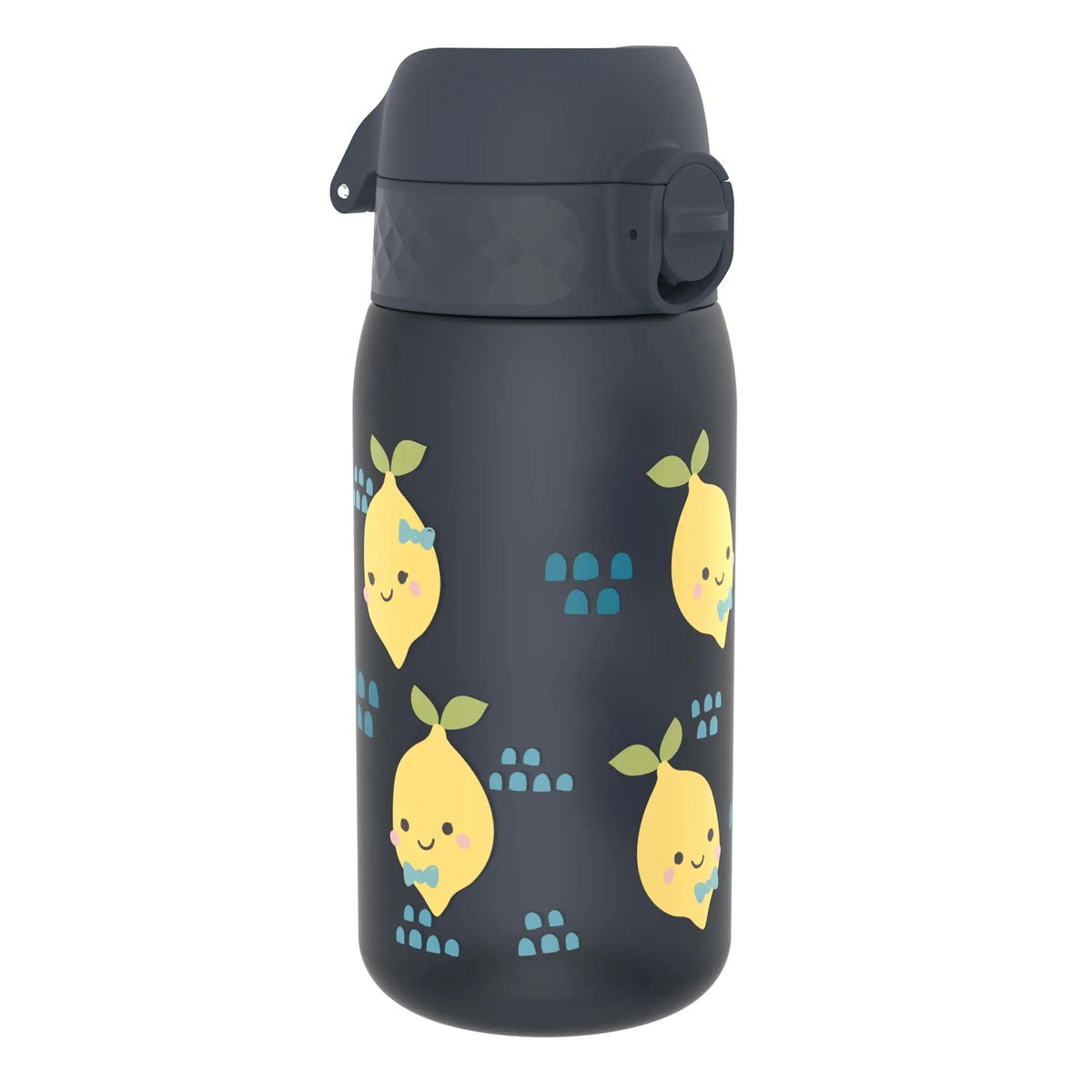 A dark water bottle features cute smiling lemon illustrations with green leaves and blue bows scattered across its surface in a playful design.