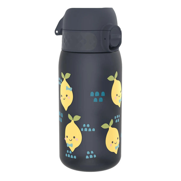A dark water bottle features cute smiling lemon illustrations with green leaves and blue bows scattered across its surface in a playful design.