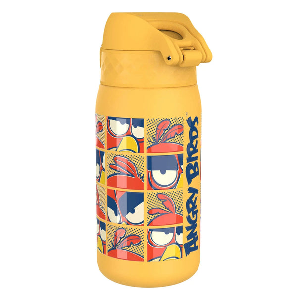 A yellow water bottle features a pop art style Angry Birds design with multiple bird faces and the text Angry Birds in bold vertical lettering against a plain white background.