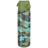 A camo-patterned thermos stands upright featuring green and blue shades with a green lid positioned against a plain white background.