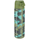 A camouflage-patterned thermos bottle with a green flip-top lid stands upright against a plain white background.