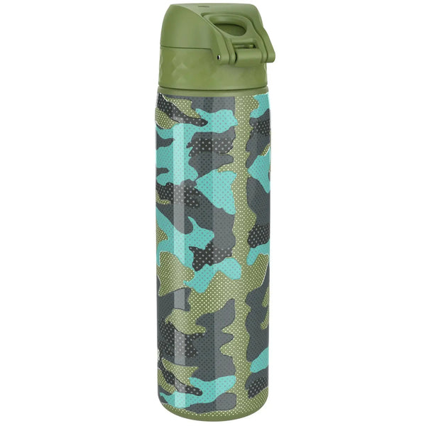A camouflage-patterned thermos bottle with a green flip-top lid stands upright against a plain white background.