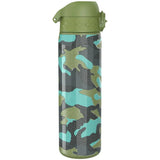 A camouflage-patterned water bottle stands upright featuring green, blue, and black splotches with a matching olive green lid against a plain white background.