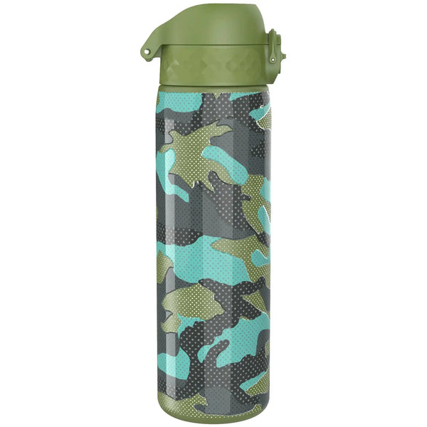 A camouflage-patterned water bottle stands upright featuring green, blue, and black splotches with a matching olive green lid against a plain white background.