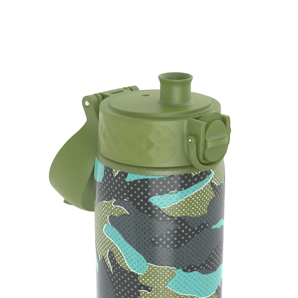 A green water bottle with a pop-up spout features a camouflage pattern in shades of green, black, and teal, set against a plain white background.