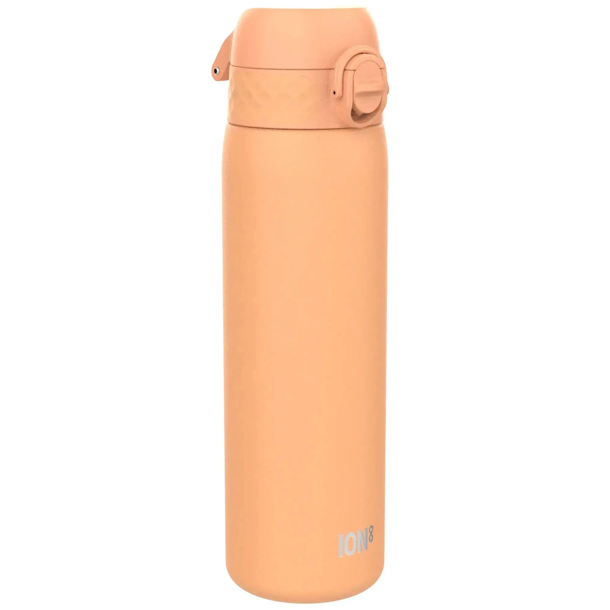 A peach-colored insulated water bottle stands upright in isolation with a flip-top lid and a sleek design featuring the text ION8 near the bottom.