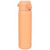 A peach-colored insulated water bottle stands upright in isolation with a flip-top lid and a sleek design featuring the text ION8 near the bottom.