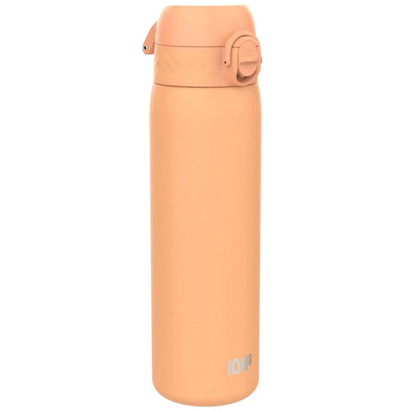 A peach-colored insulated water bottle stands upright in isolation with a flip-top lid and a sleek design featuring the text ION8 near the bottom.