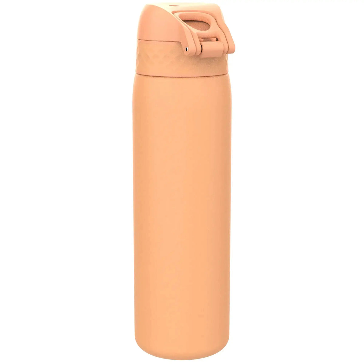 A tall, orange insulated water bottle with a flip-top lid stands upright against a plain white background.