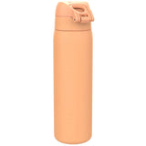 A tall, orange insulated water bottle with a flip-top lid stands upright against a plain white background.