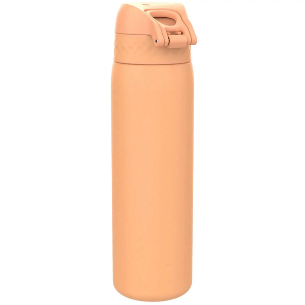 A tall, orange insulated water bottle with a flip-top lid stands upright against a plain white background.