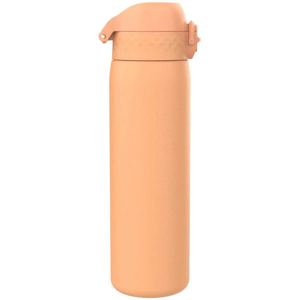 A peach-colored thermos flask with a flip-top lid standing upright on a plain white background.
