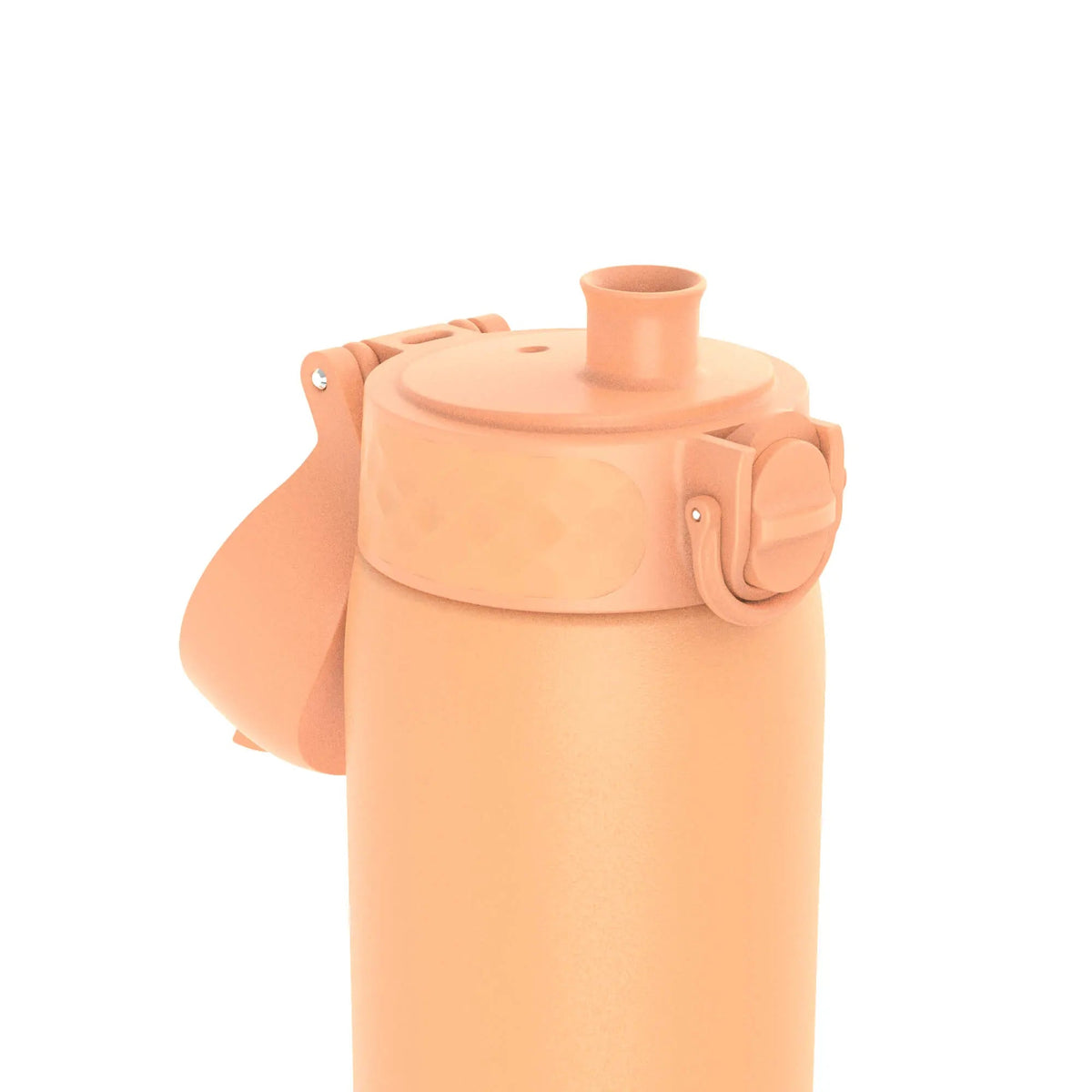A peach-colored bottle features a top spout and a flip-top lid in a minimalistic white background setting.
