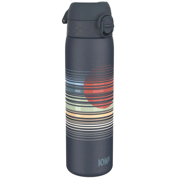 A dark gray water bottle stands upright featuring horizontal colorful stripes and a red circle design with the text "ION8" near the bottom against a white background.