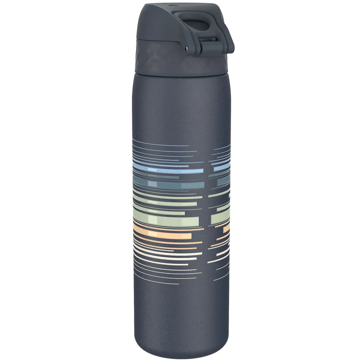 Dark gray water bottle with a flip-top lid featuring colorful horizontal lines in green, blue, and orange wrapped around its surface standing against a plain white background.