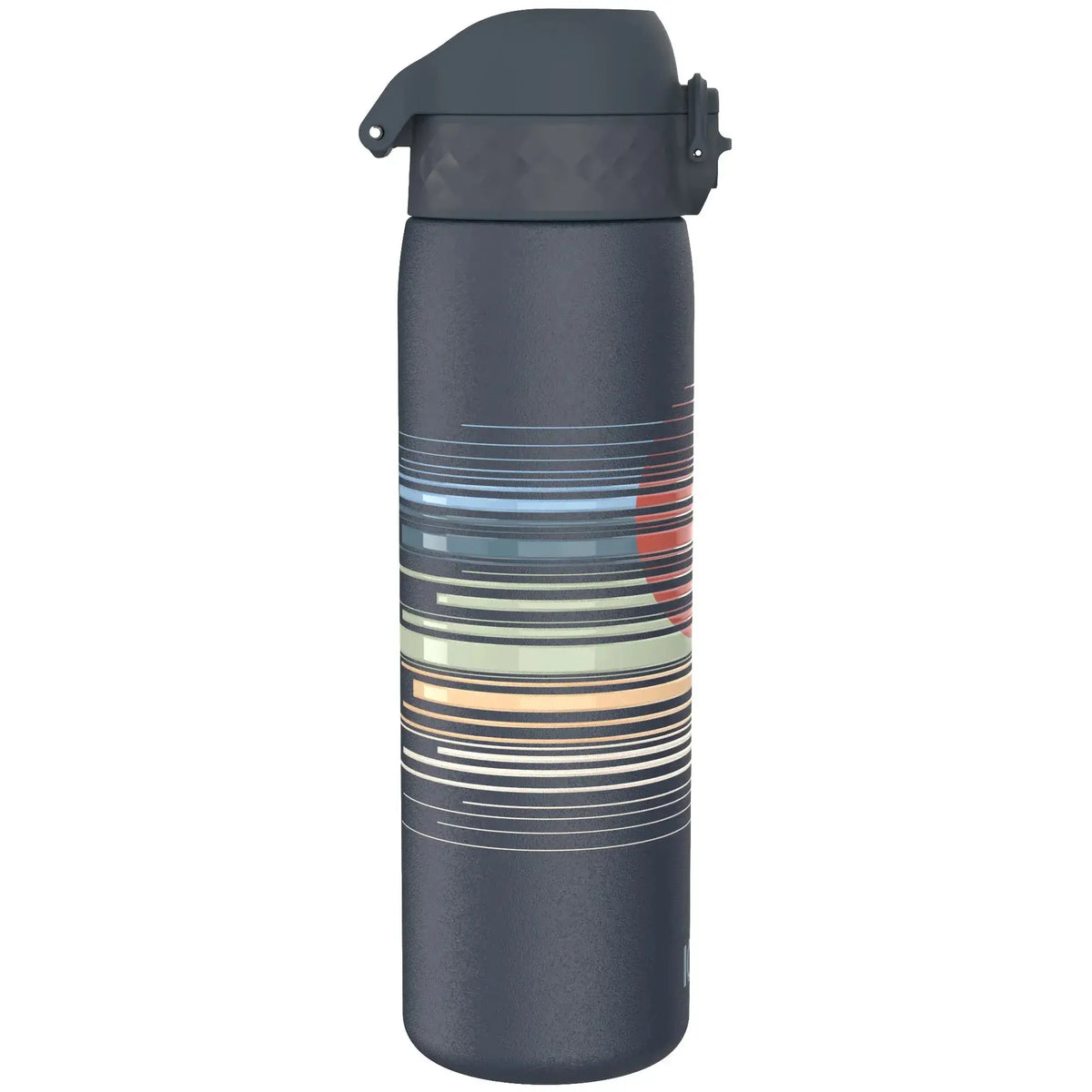 A dark gray water bottle featuring colorful horizontal lines encircling the body with a black flip-top lid against a plain white background.