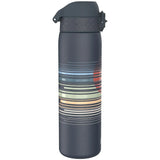 A dark gray water bottle featuring colorful horizontal lines encircling the body with a black flip-top lid against a plain white background.