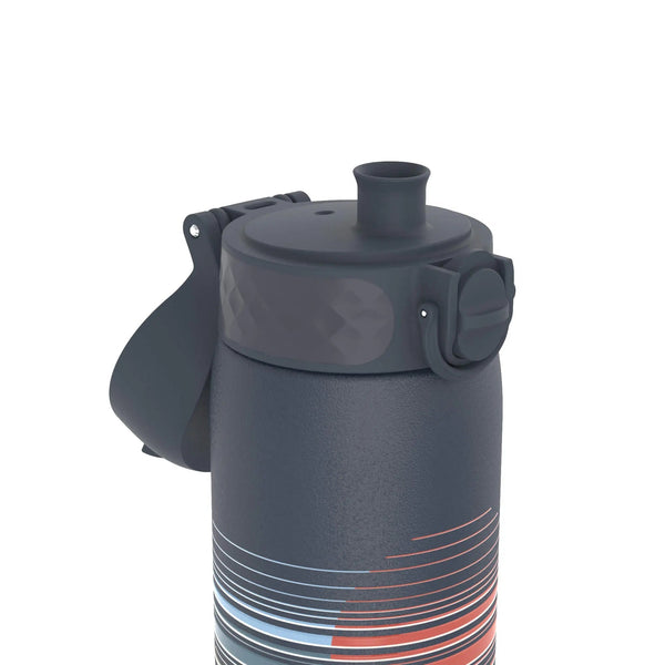 Dark-colored water bottle with a flip-top lid and spout resting upwards featuring horizontal red and blue stripes on its surface set against a plain white background